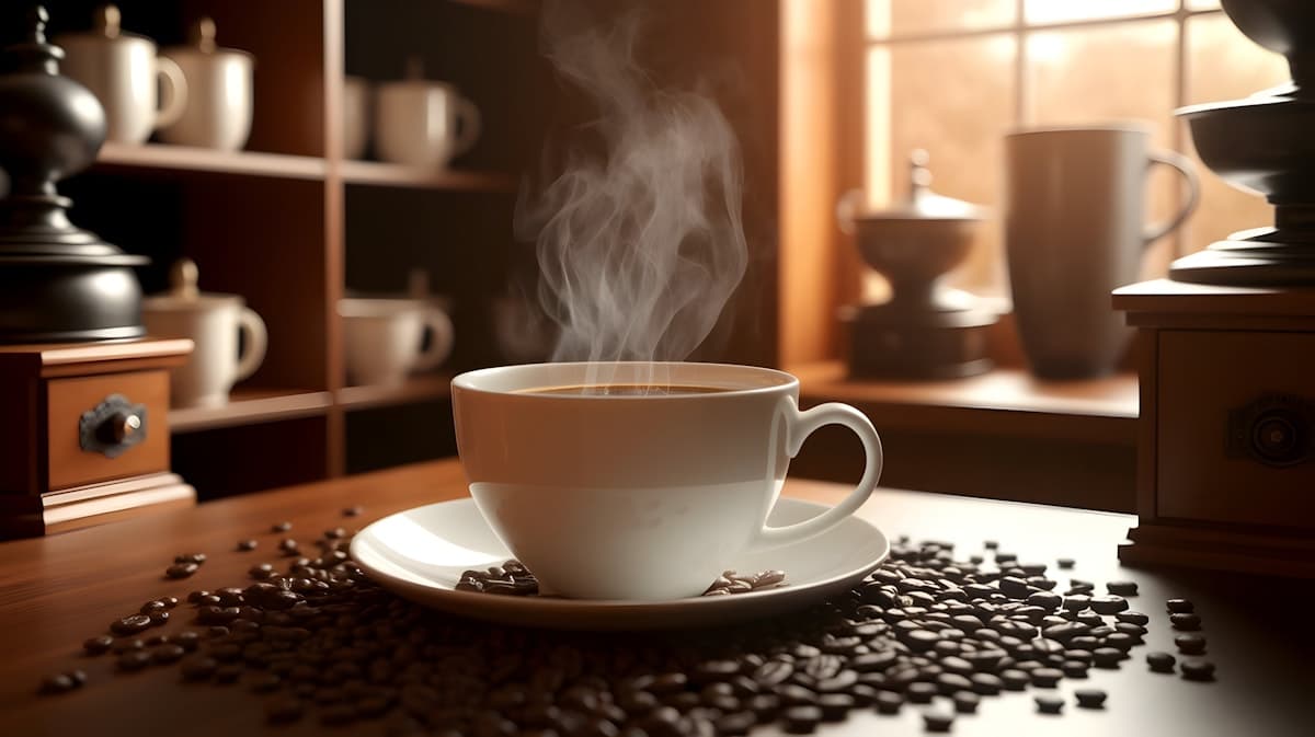 Steaming cup of coffee with coffee beans