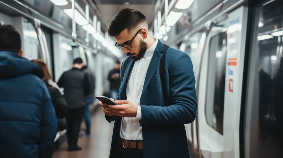 Stylish business person using credit app on subway